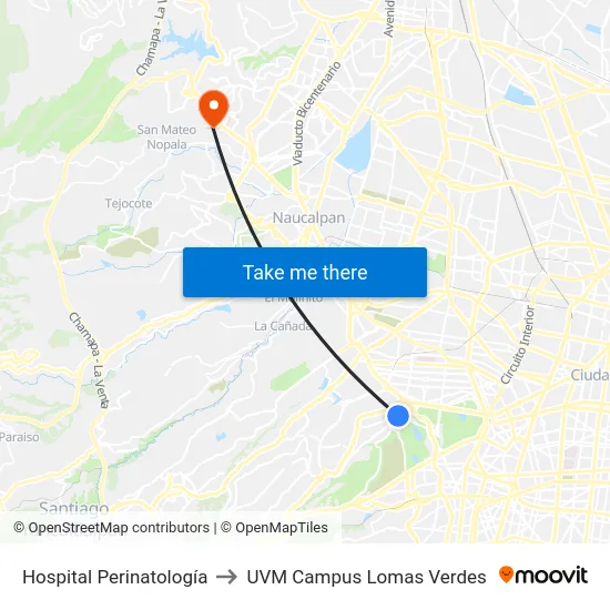 Hospital Perinatología to UVM Campus Lomas Verdes map