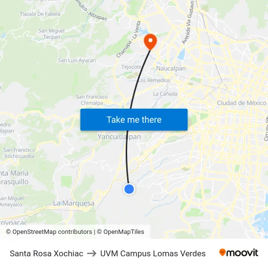 Santa Rosa Xochiac to UVM Campus Lomas Verdes map