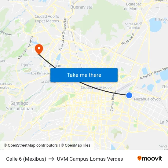 Calle 6 (Mexibus) to UVM Campus Lomas Verdes map
