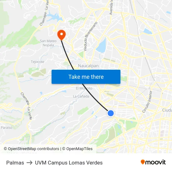 Palmas to UVM Campus Lomas Verdes map