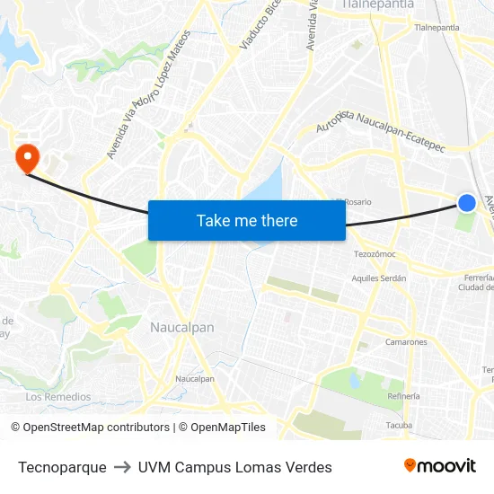 Tecnoparque to UVM Campus Lomas Verdes map