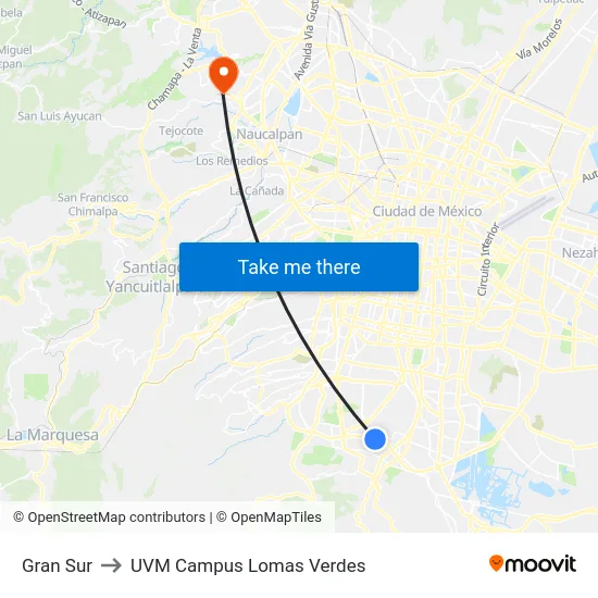 Gran Sur to UVM Campus Lomas Verdes map