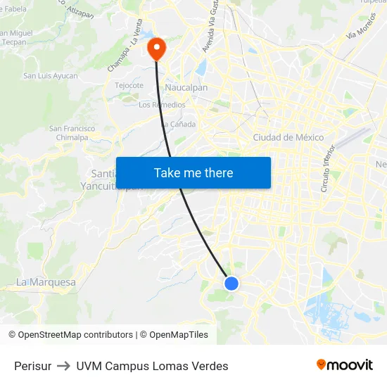 Perisur to UVM Campus Lomas Verdes map