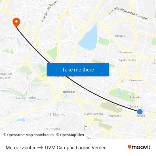 Metro Tacuba to UVM Campus Lomas Verdes map
