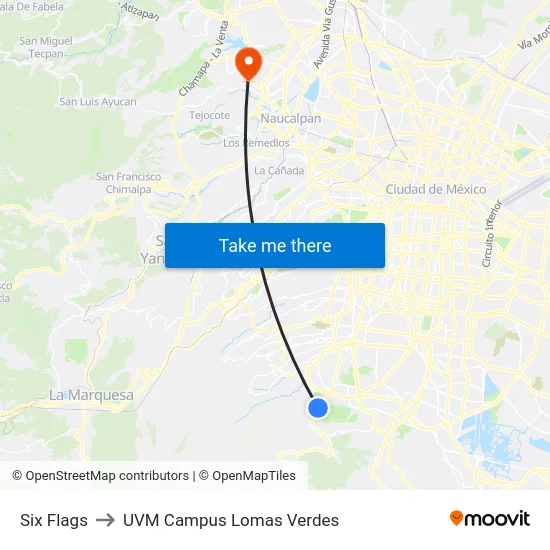 Six Flags to UVM Campus Lomas Verdes map
