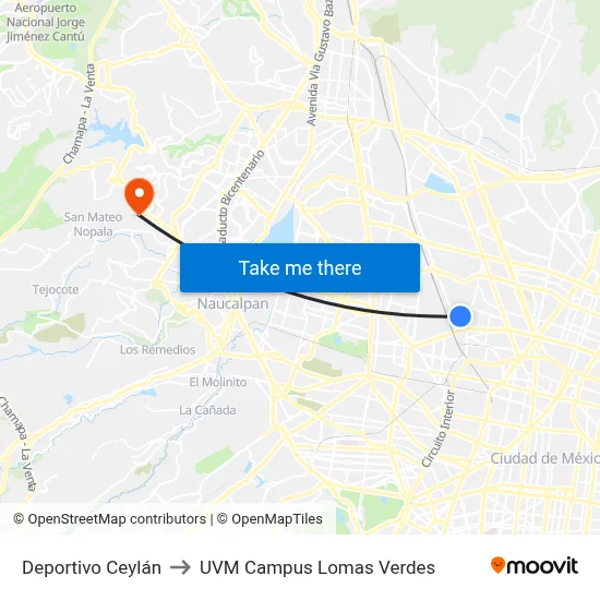Deportivo Ceylán to UVM Campus Lomas Verdes map