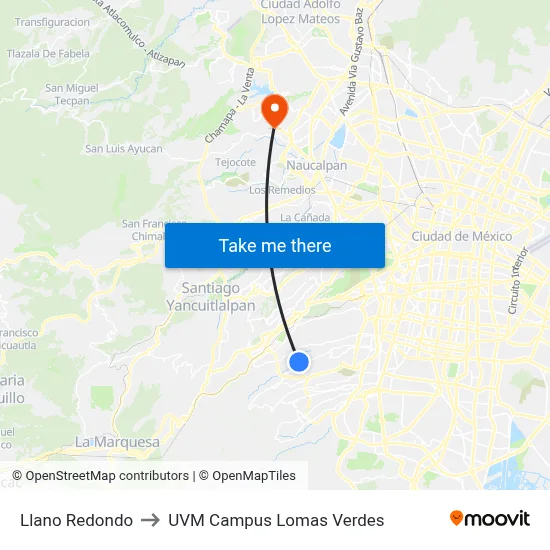 Llano Redondo to UVM Campus Lomas Verdes map