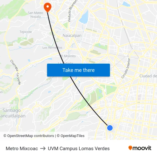 Metro Mixcoac to UVM Campus Lomas Verdes map