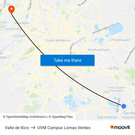 Valle de Xico to UVM Campus Lomas Verdes map
