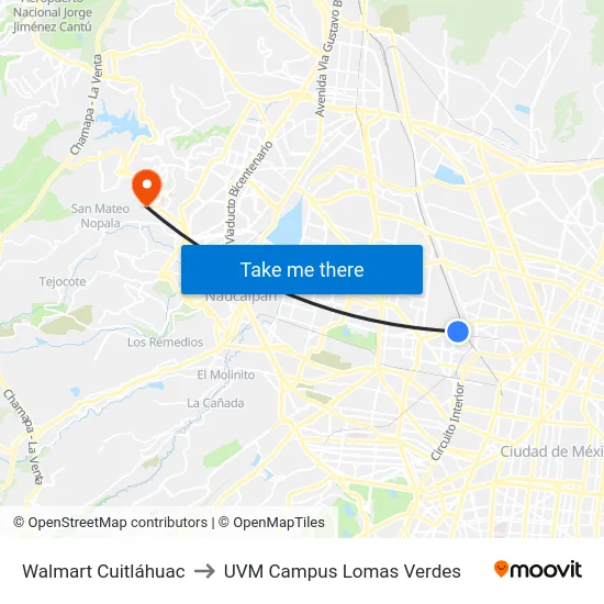 Walmart Cuitláhuac to UVM Campus Lomas Verdes map