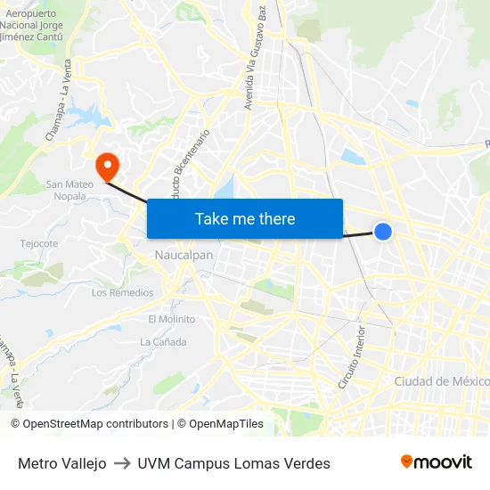 Metro Vallejo to UVM Campus Lomas Verdes map