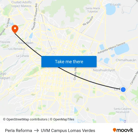 Perla Reforma to UVM Campus Lomas Verdes map