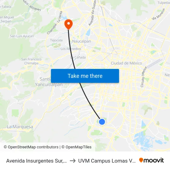 Avenida Insurgentes Sur, 3000 to UVM Campus Lomas Verdes map