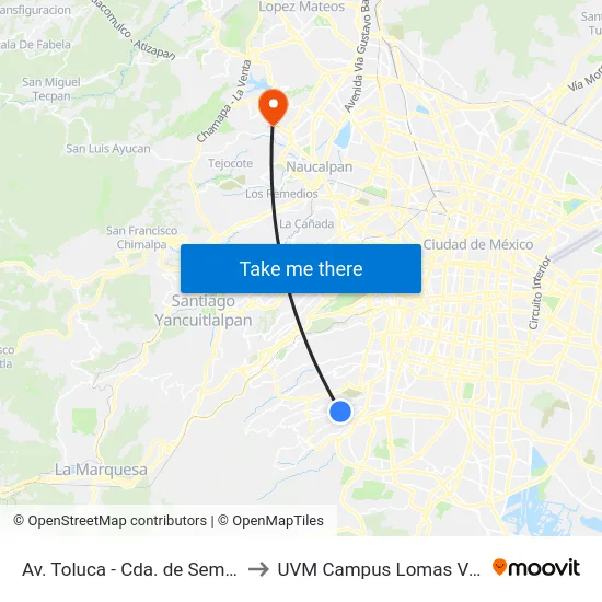 Av. Toluca - Cda. de Seminario to UVM Campus Lomas Verdes map
