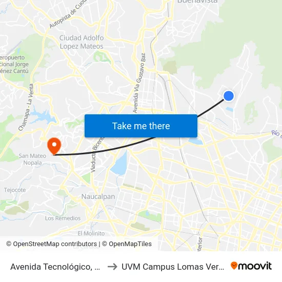 Avenida Tecnológico, 100 to UVM Campus Lomas Verdes map