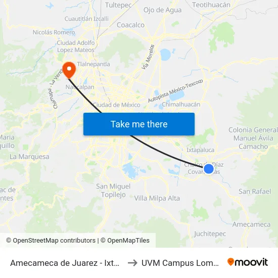 Amecameca de Juarez - Ixtapaluca, 869 to UVM Campus Lomas Verdes map