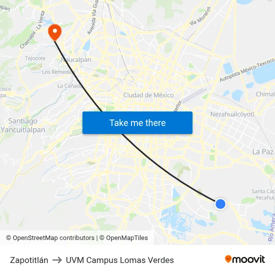 Zapotitlán to UVM Campus Lomas Verdes map