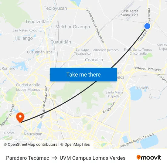 Paradero Tecámac to UVM Campus Lomas Verdes map