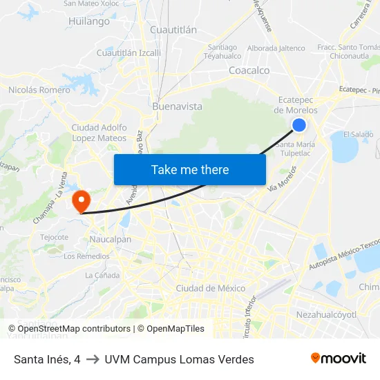 Santa Inés, 4 to UVM Campus Lomas Verdes map