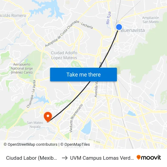 Ciudad Labor (Mexibús) to UVM Campus Lomas Verdes map