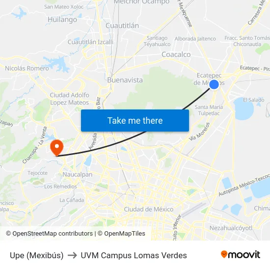 Upe (Mexibús) to UVM Campus Lomas Verdes map
