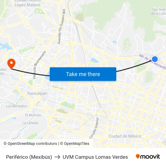 Periférico (Mexibús) to UVM Campus Lomas Verdes map