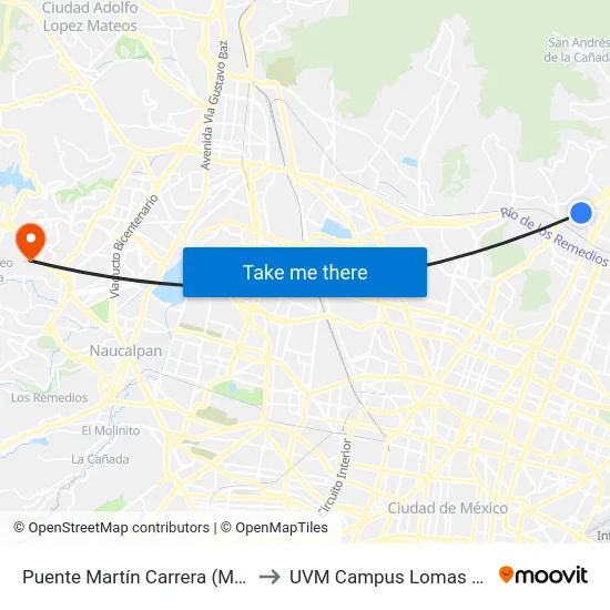 Puente Martín Carrera (Mexibús) to UVM Campus Lomas Verdes map