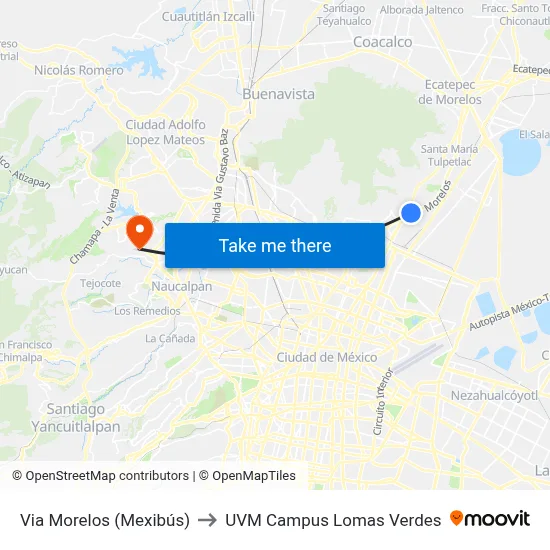 Via Morelos (Mexibús) to UVM Campus Lomas Verdes map