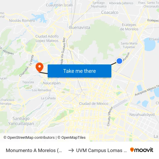 Monumento A Morelos (Mexibús) to UVM Campus Lomas Verdes map