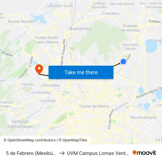 5 de Febrero (Mexibús) to UVM Campus Lomas Verdes map
