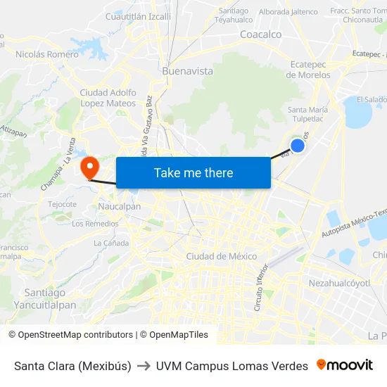 Santa Clara (Mexibús) to UVM Campus Lomas Verdes map