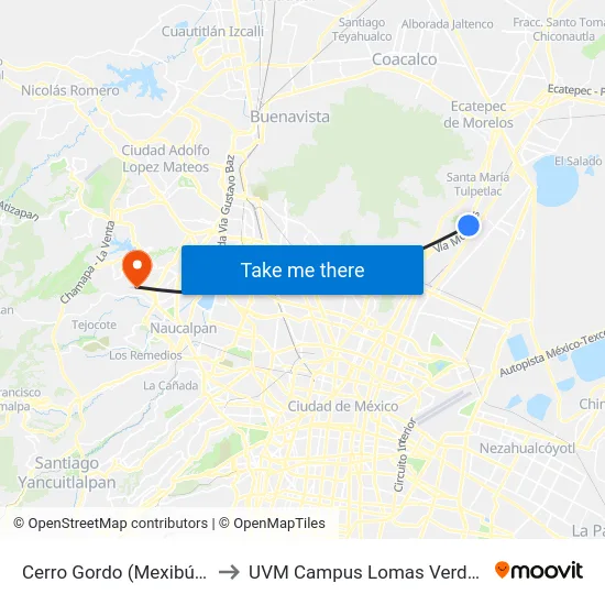 Cerro Gordo (Mexibús) to UVM Campus Lomas Verdes map