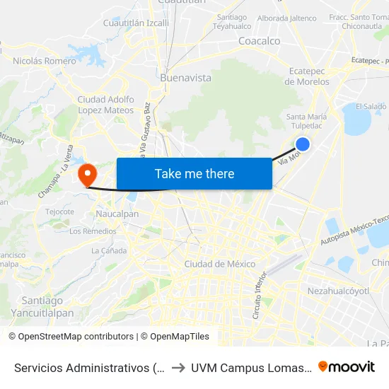 Servicios Administrativos (Mexibús) to UVM Campus Lomas Verdes map