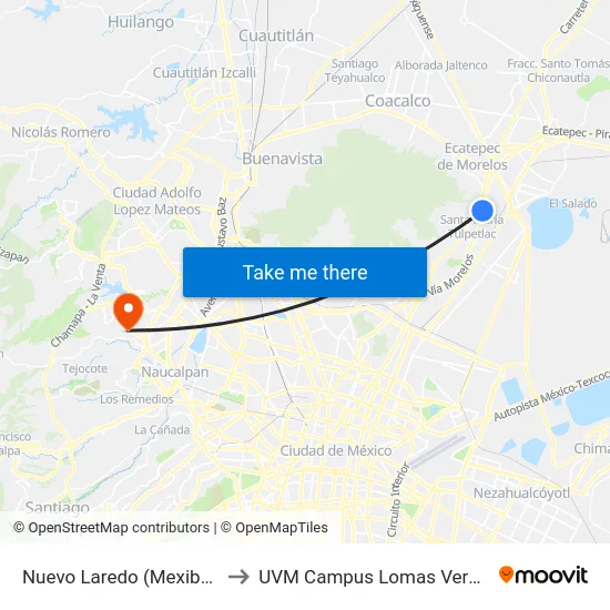 Nuevo Laredo (Mexibús) to UVM Campus Lomas Verdes map