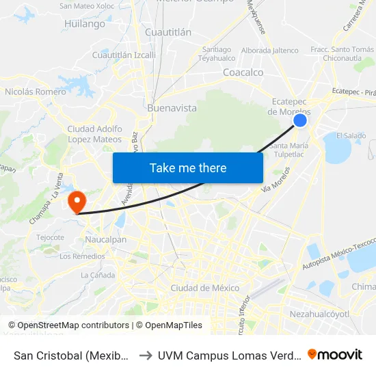 San Cristobal (Mexibús) to UVM Campus Lomas Verdes map