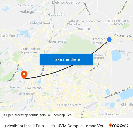 (Mexibús) Izcalli Palomas to UVM Campus Lomas Verdes map