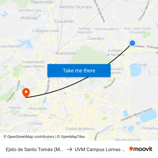 Ejido de Santo Tomás (Mexibús) to UVM Campus Lomas Verdes map