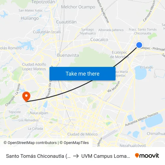 Santo Tomás Chiconautla (Mexibús) to UVM Campus Lomas Verdes map