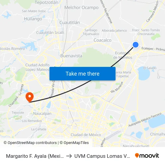 Margarito F. Ayala (Mexibús) to UVM Campus Lomas Verdes map