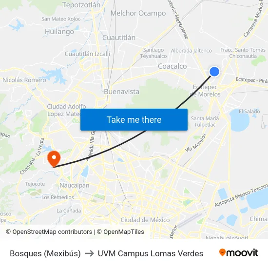 Bosques (Mexibús) to UVM Campus Lomas Verdes map