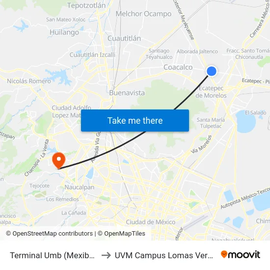 Terminal Umb (Mexibús) to UVM Campus Lomas Verdes map
