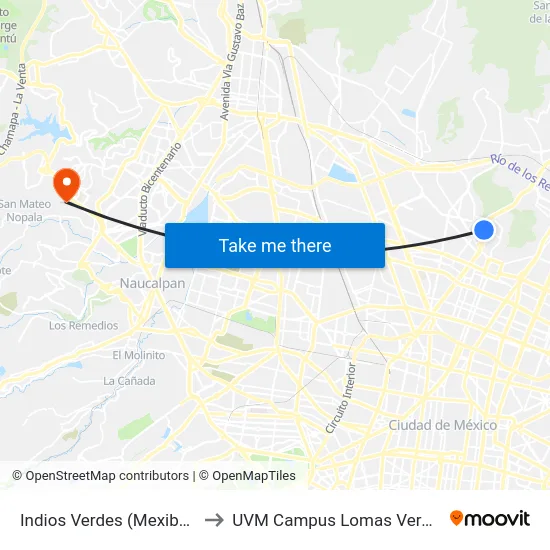 Indios Verdes (Mexibús) to UVM Campus Lomas Verdes map