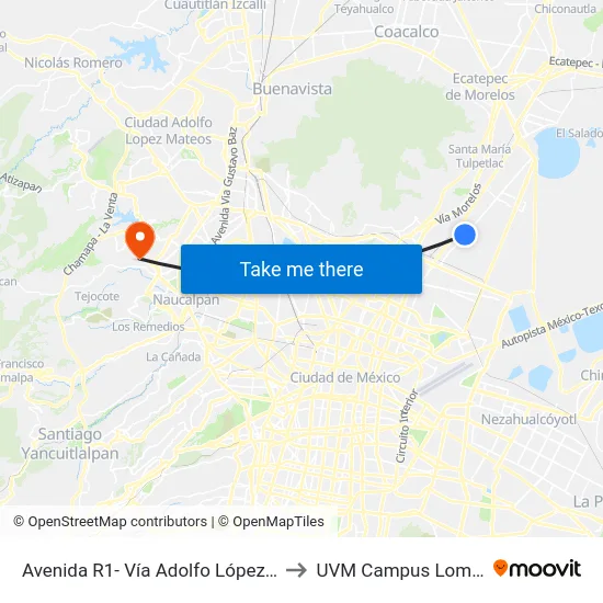 Avenida R1- Vía Adolfo López Mateos, 3039 to UVM Campus Lomas Verdes map