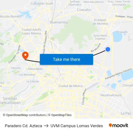 Paradero Cd. Azteca to UVM Campus Lomas Verdes map
