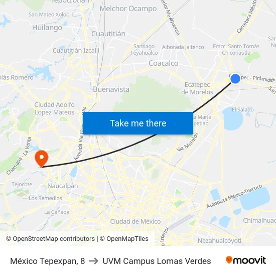 México Tepexpan, 8 to UVM Campus Lomas Verdes map