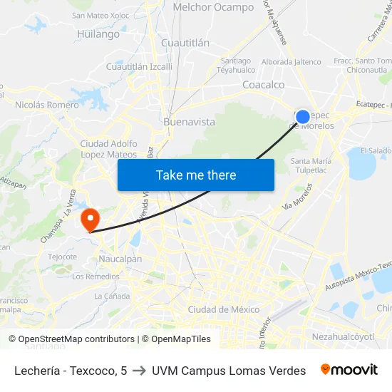 Lechería - Texcoco, 5 to UVM Campus Lomas Verdes map