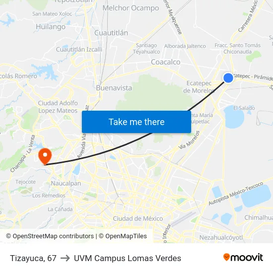 Tizayuca, 67 to UVM Campus Lomas Verdes map