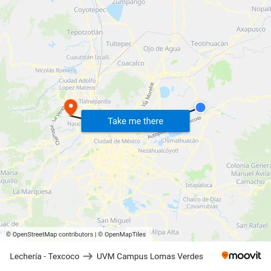 Lechería - Texcoco to UVM Campus Lomas Verdes map