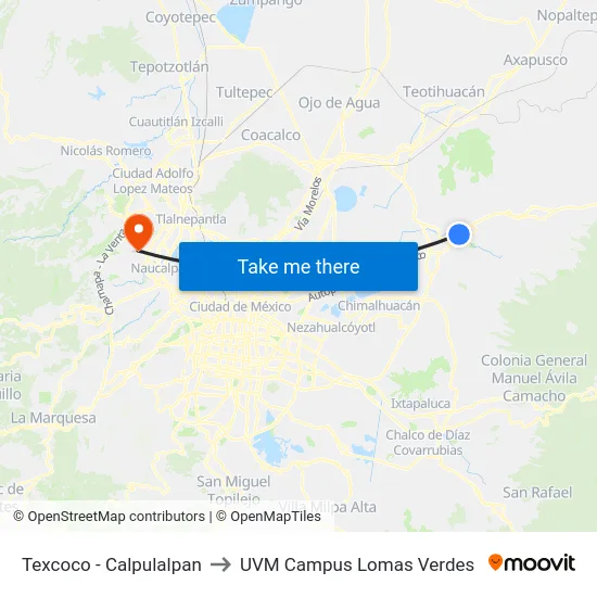 Texcoco - Calpulalpan to UVM Campus Lomas Verdes map