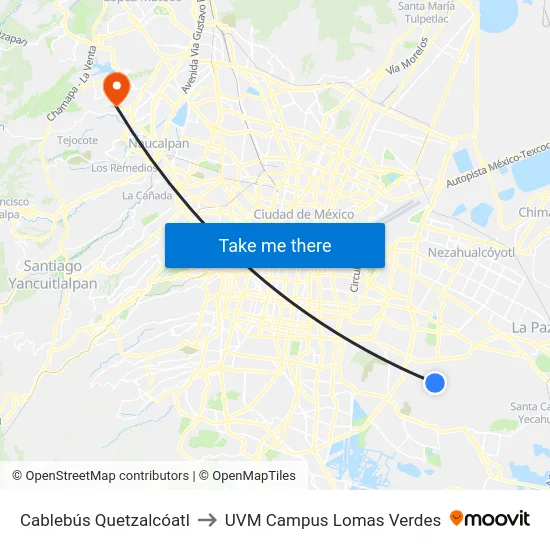 Cablebús Quetzalcóatl to UVM Campus Lomas Verdes map